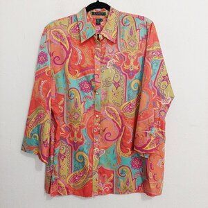 Lauren Ralph Lauren Orange Multicolor Paisley Button Up Long Sleeve Shirt Sz 1X